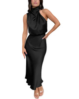 Damen Midikleid ohne Ärmel mit drapiertem Stehkragen in Schwarz