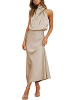 Damen Midikleid ohne Ärmel mit drapiertem Stehkragen in Beige
