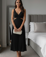 Damen Midikleid ohne Ärmel mit V-Ausschnitt und Taillenausschnitten in Schwarz