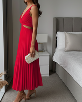 Damen Midikleid ohne Ärmel mit V-Ausschnitt und Taillenausschnitten in Rot