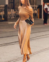 Damen Midirock mit A-Linien-Form und Hoher Taille in Goldbeige