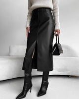Damen Midirock mit Frontschlitz und Gürtelschlaufen in Schwarz