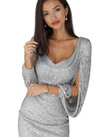 Damen Mini-Kleid mit Fransierten Ärmeln in Silber