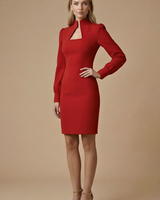 Damen Mini Kleid mit langen Ärmeln, Stehkragen und Ausschnittdetail in Rot