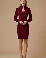 Damen Mini Kleid mit langen Ärmeln, Stehkragen und Ausschnittdetail in Dunkelrot