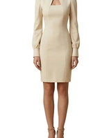 Damen Mini Kleid mit langen Ärmeln, Stehkragen und Ausschnittdetail in Beige