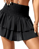 Damen Mini Stufenrock mit Elastischem Bund in Schwarz
