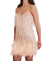 Damen Minikleid mit Fransen und Paillettenbesatz in Beige