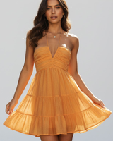 Damen Minikleid mit Halterträgern und Mehrstufigem Rockaufbau in Orange