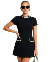 Damen-Minikleid mit kurzen Ärmeln und Perlenbesatz in Schwarz