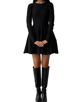 Damen Minikleid mit langen Ärmeln, Rundhalsausschnitt und ausgestelltem Rock in Schwarz