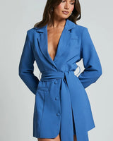 Damen Minikleid mit Reverskragen Langen Ärmeln Knopfverschluss und Bindegürtel in Blau