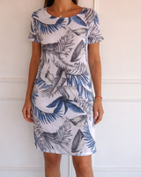 Damen Minikleid mit Rundhalsausschnitt Kurzen Kappenärmeln Seitentaschen und Geradem Saum in Weiß mit Blau