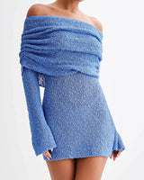 Damen Minikleid mit Schulterfreiem Ausschnitt Langen Trompetenärmeln und Strukturierter Oberfläche in Blau