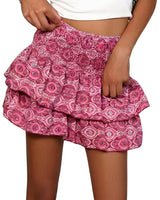 Damen-Minirock mit Stufen-Design und gesmoktem Bund in Rosa