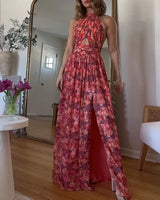 Damen Neckholder-Maxikleid mit Schlüsselloch-Ausschnitt und Blumenmuster mit offenem Rücken und Beinschlitz in Rot mit Blumen