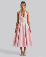 Damen Neckholderkleid mit Korsett Oberteil und Strukturmuster und Schleife am Nacken in Rosa