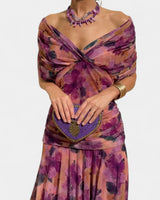 Amelie | Damen Off-Shoulder Cocktailparty-Kleid figurbetontes Chiffon Maxikleid in Lila