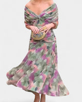 Amelie | Damen Off-Shoulder Cocktailparty-Kleid figurbetontes Chiffon Maxikleid in Mehrfarbig