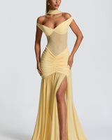 Damen Off-Shoulder Maxikleid mit Schalpartie und halbtransparentem Oberteil in Gelb