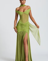 Damen Off-Shoulder Maxikleid mit Schalpartie und halbtransparentem Oberteil in Olivgrün