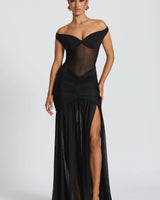 Damen Off-Shoulder Maxikleid mit Schalpartie und halbtransparentem Oberteil in Schwarz