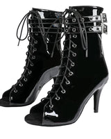 Damen Offene Ankle-Boots mit Schnürung, Riemen und Absatz in Schwarz
