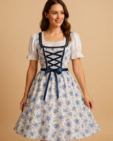 Marie | Damen Oktoberfest Dirndl Kleid mit Blumenmuster Schnürung Schürze in Weiß