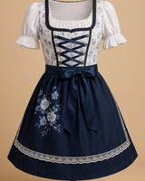 Marie | Damen Oktoberfest Dirndl Kleid mit Blumenmuster Schnürung Schürze in Blau