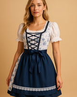 Clara | Damen Oktoberfest Dirndl Kleid mit Spitzenakzenten und Schürze in Blau