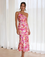 Damen One-Shoulder-Midikleid mit Blumenmuster und Drapierung am Schulterbereich mit glänzender Oberfläche in Rosa