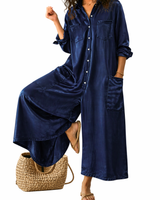 Damen Overall mit weitem Bein und Knopfleiste in Blau