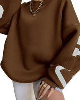 Damen Oversize Pullover mit Rundhalsausschnitt und Ärmeldruck in Braun