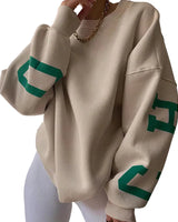 Damen Oversize Pullover mit Rundhalsausschnitt und Ärmeldruck in Khaki