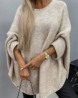 Greta | Damen Oversize Rundhals Knit Sweater mit Fledermausärmeln in Beige