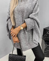 Greta | Damen Oversize Rundhals Knit Sweater mit Fledermausärmeln in Grau