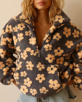 Marlene | Damen Oversize Sherpa Fleece Pullover Sweater Blumenmuster in Gelb