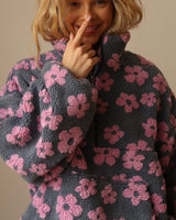 Marlene | Damen Oversize Sherpa Fleece Pullover Sweater Blumenmuster in Rosa