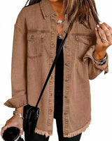 Elfriede | Damen Oversized Jeansjacke Langarm mit Knopfleiste Fransen-Saum in Braun
