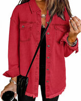Elfriede | Damen Oversized Jeansjacke Langarm mit Knopfleiste Fransen-Saum in Rot