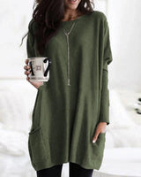 Amelie | Damen Oversized Langarm Tunika mit Taschen Rundhals Pullover in Olivgrün