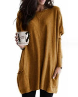 Amelie | Damen Oversized Langarm Tunika mit Taschen Rundhals Pullover in Braun