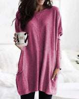 Amelie | Damen Oversized Langarm Tunika mit Taschen Rundhals Pullover in Rosa