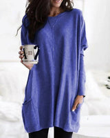 Amelie | Damen Oversized Langarm Tunika mit Taschen Rundhals Pullover in Blau