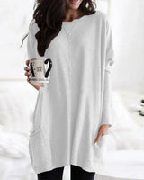 Amelie | Damen Oversized Langarm Tunika mit Taschen Rundhals Pullover in Weiß