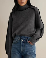 Luisa | Damen Oversized Rollkragen Sweater Zweifarbig Strickpullover in Grau