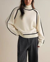 Luisa | Damen Oversized Rollkragen Sweater Zweifarbig Strickpullover in Weiß