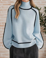 Luisa | Damen Oversized Rollkragen Sweater Zweifarbig Strickpullover in Blau