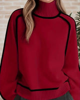 Luisa | Damen Oversized Rollkragen Sweater Zweifarbig Strickpullover in Rot