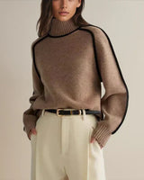 Luisa | Damen Oversized Rollkragen Sweater Zweifarbig Strickpullover in Braun